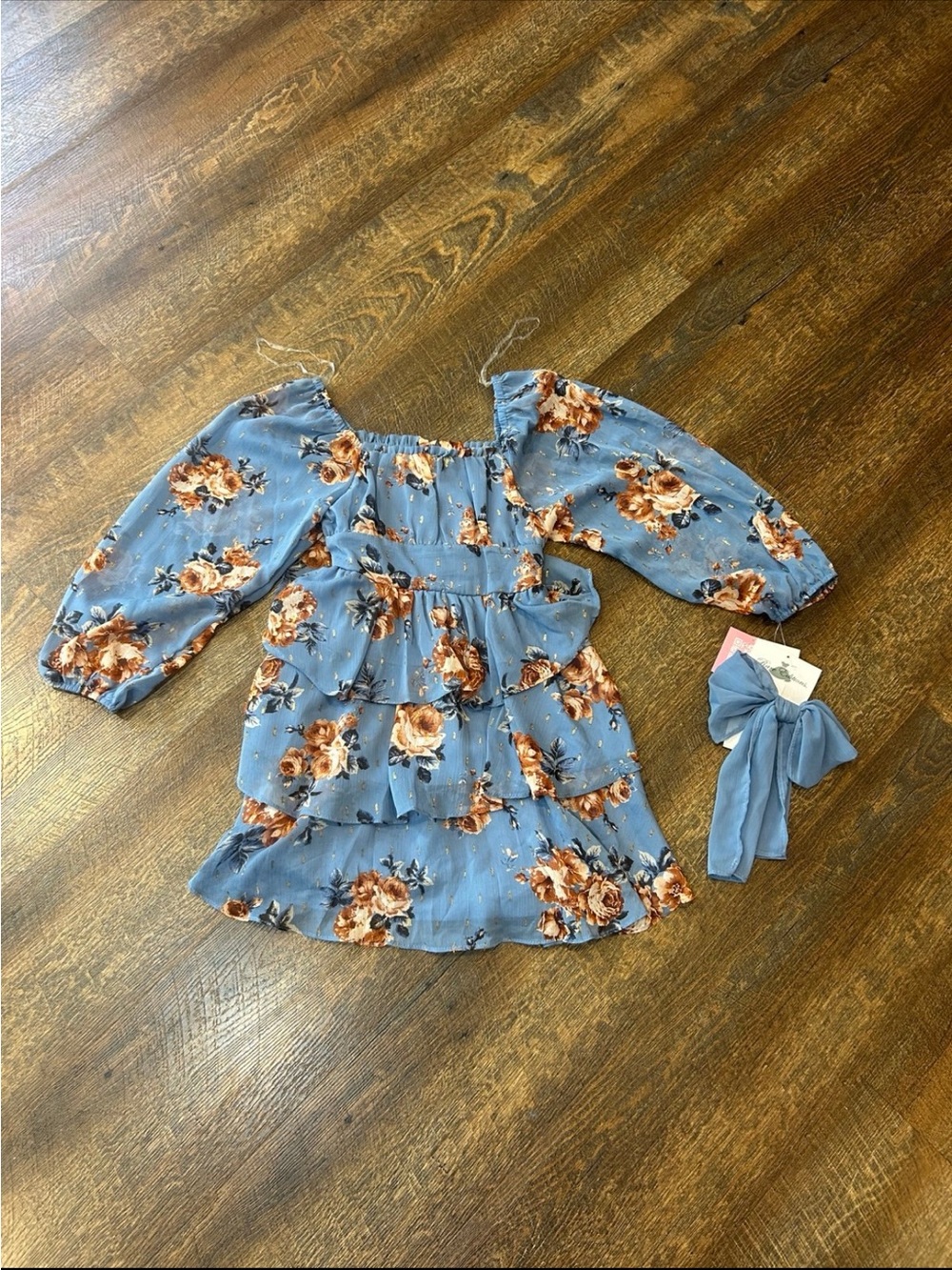 Rare Editions Dusty Blue Floral Tiered Off-Shoulder Dress with Matching Bow